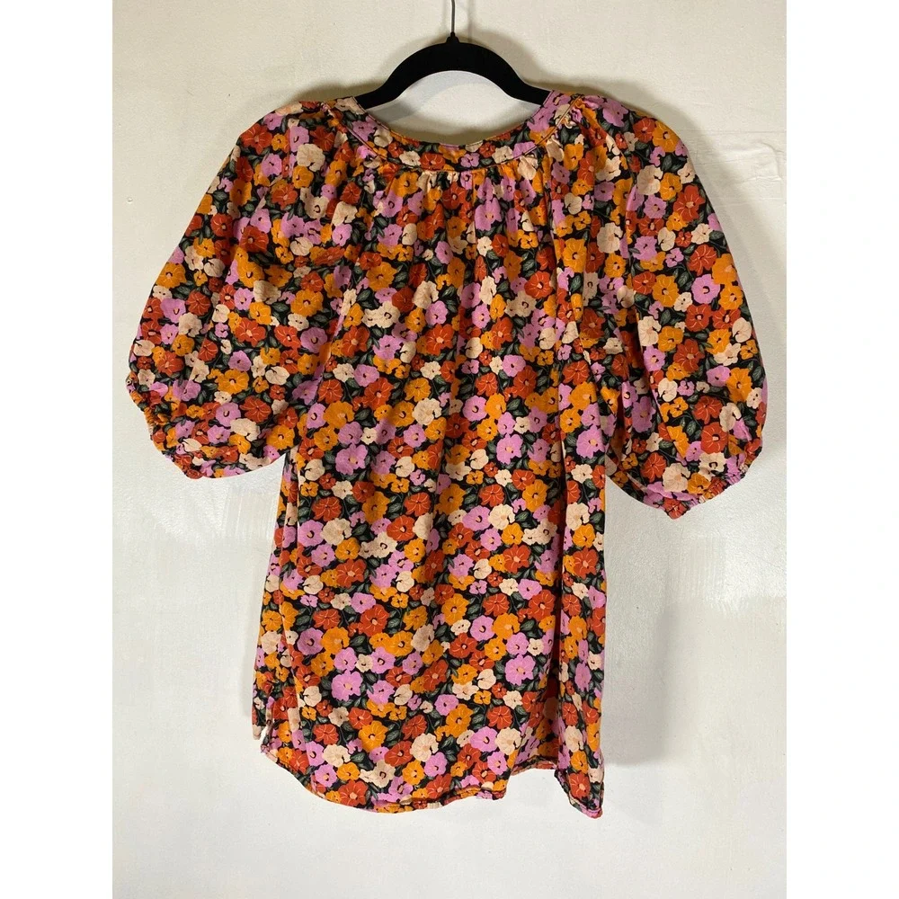 LOFT Floral Peasant Blouse Small Puff Sleeve Tie Neck Boho Cottagecore Top S